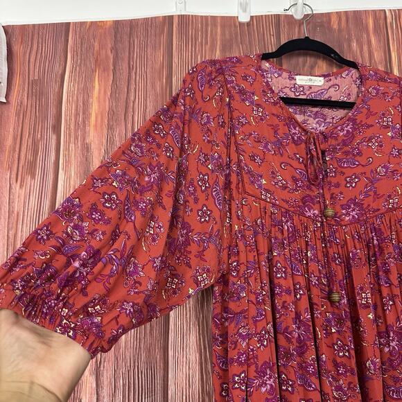 Natural life Rose Dress Rust Purple Floral Tie Neck Babydoll Womens Medium - Picture 5 of 7